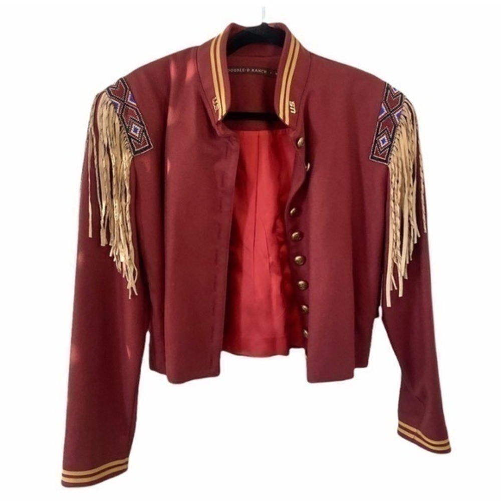 Double D Ranch Red‎ Western Fringe Beaded Wool Cropped Jacket Blazer